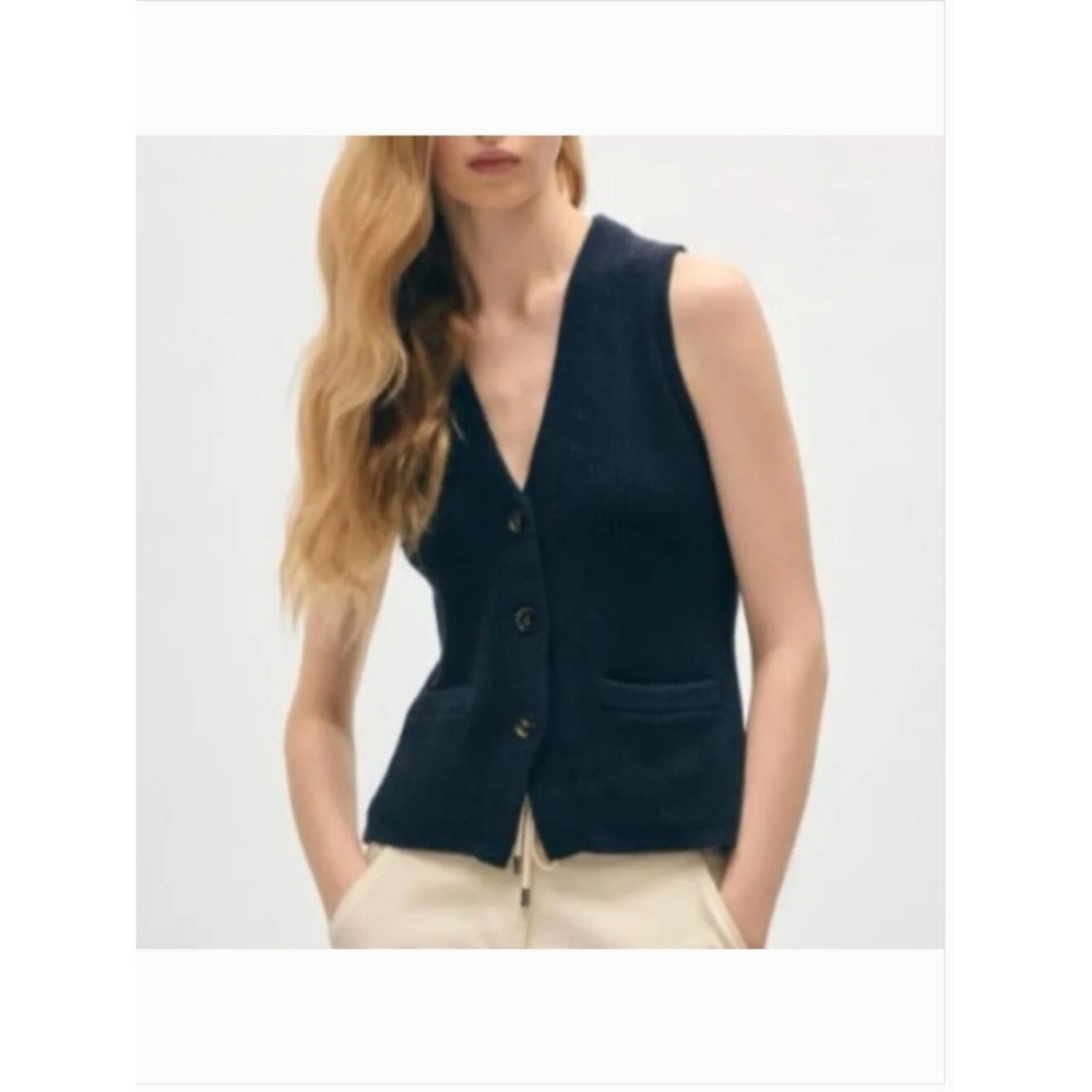 NWT White + Warren Knit Vest Navy Blue Cotton Linen size Small